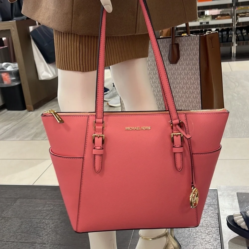 MICHAEL KORS Charlotte Large Leather Top-Zip Tote Tea Rose